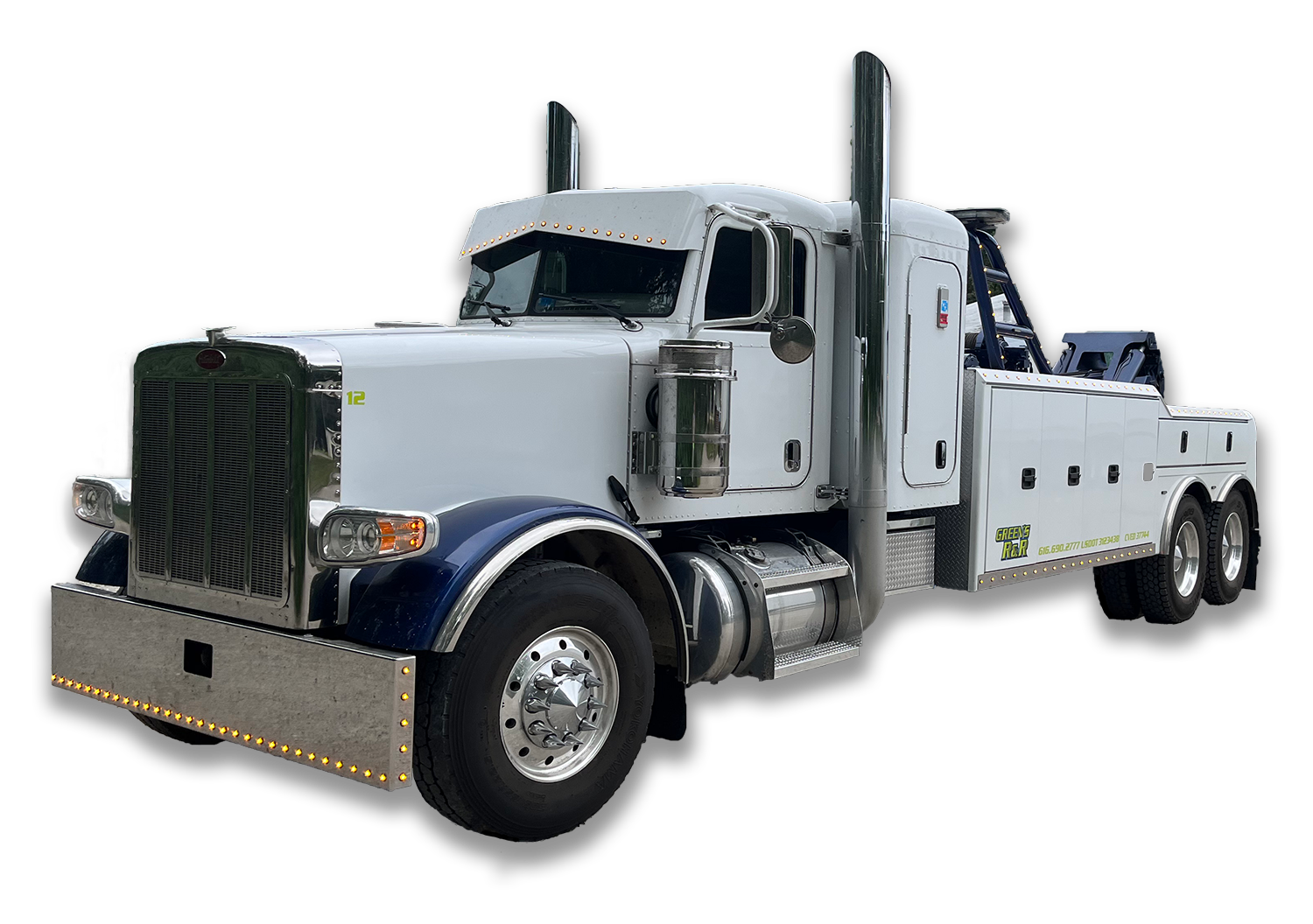 White and blue Peterbilt heavy duty tow truck with no background.