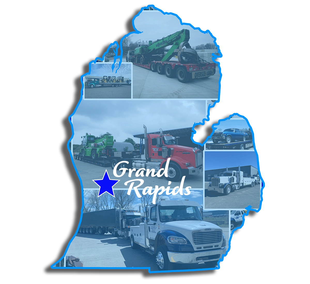 Michigan shaped collage of towing equipment with a star over Grand Rapids.